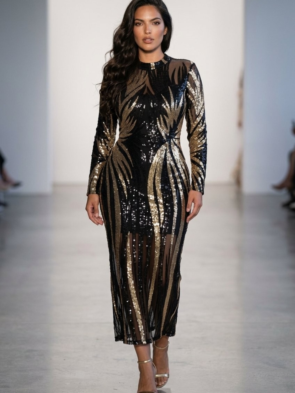 Black & Gold Sequin Long Sleeve Midi Dress